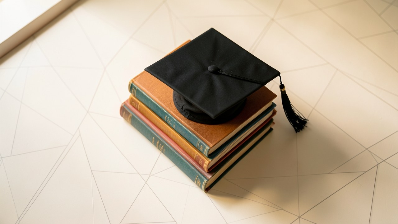 A neatly arranged stack of books and a graduation cap on a desk, with a soft-focus background in teal and amber tones