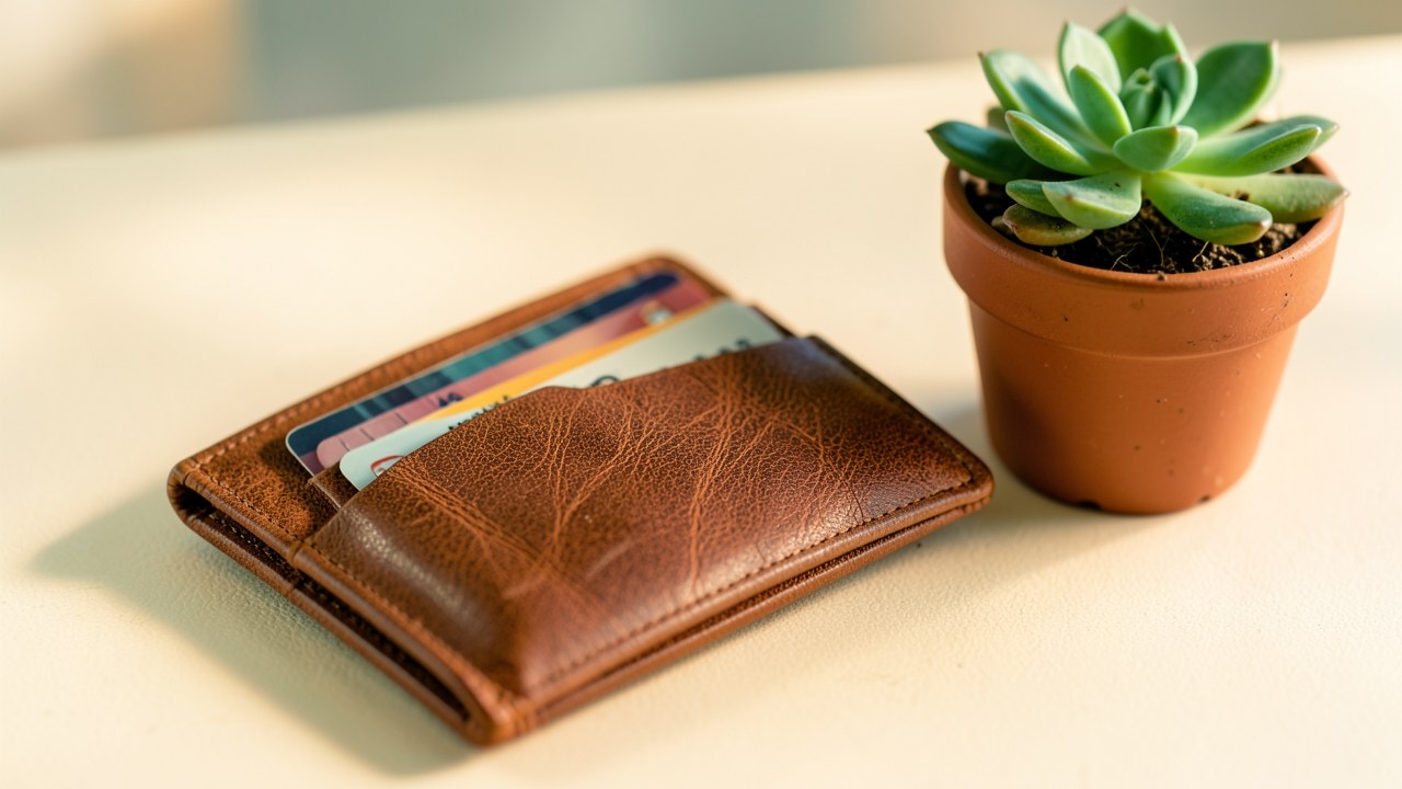 An open wallet with a few credit cards and a small plant on a clean desk, symbolizing personal finance and planning
