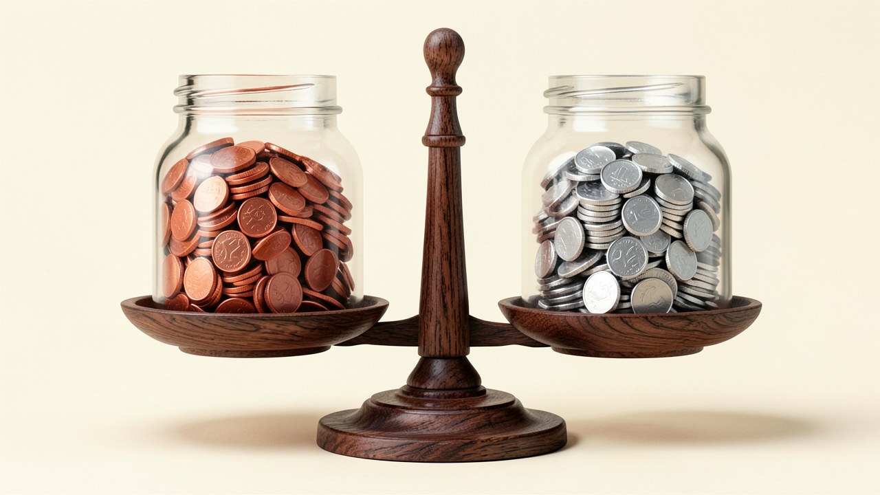 Two clear glass jars filled with coins and small paper notes are placed on a balance scale, set against a warm neutral background