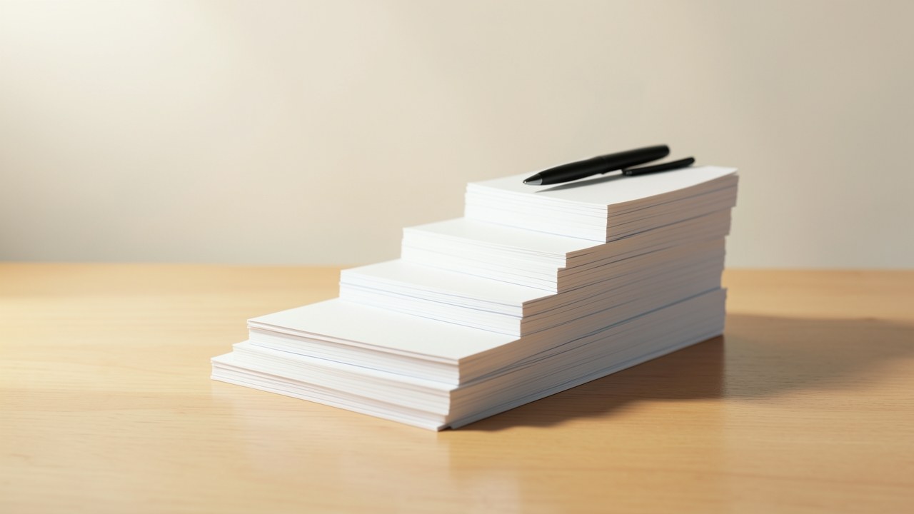 A smooth step-by-step path of stacked papers and a pen on a clean desk, symbolizing an application process