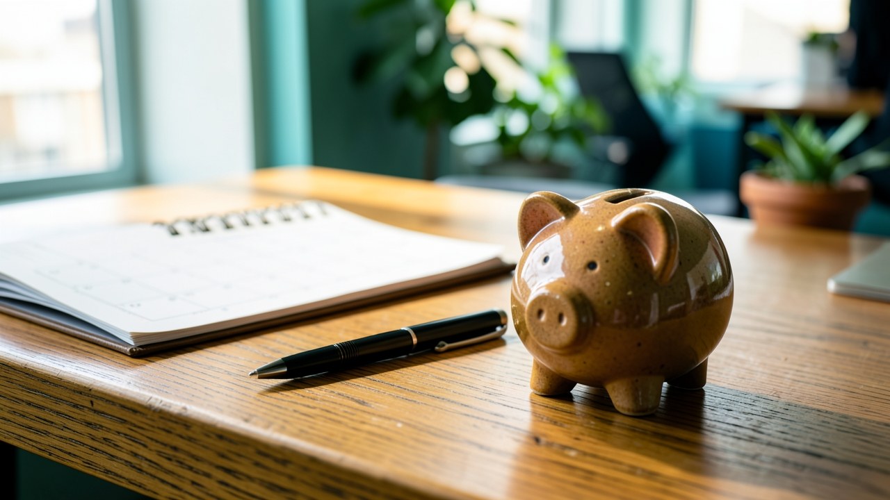 A calendar with a pen and a piggy bank on a desk, visually representing financial planning and repayment