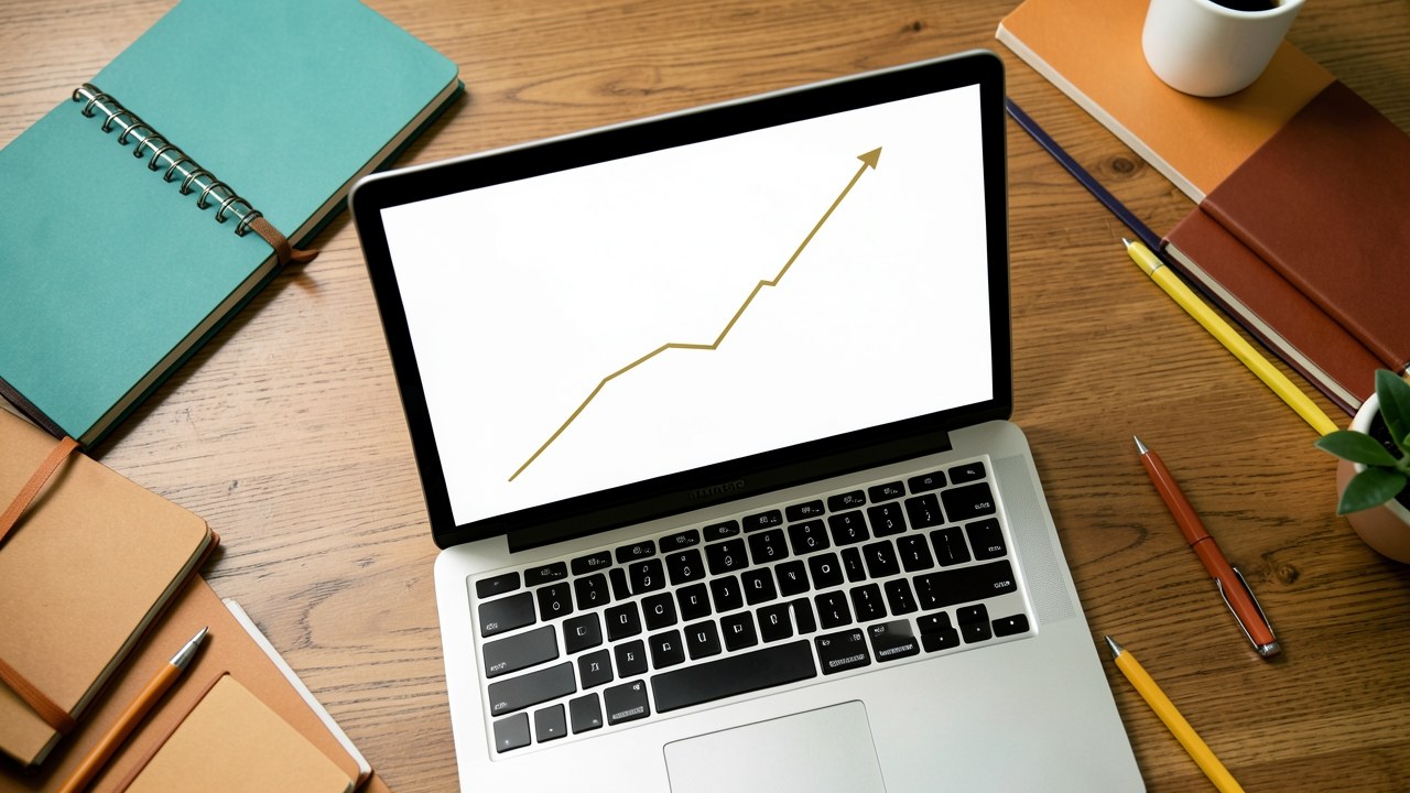 A close-up of a laptop screen displaying a line chart with an upward trend, in a warm office setting