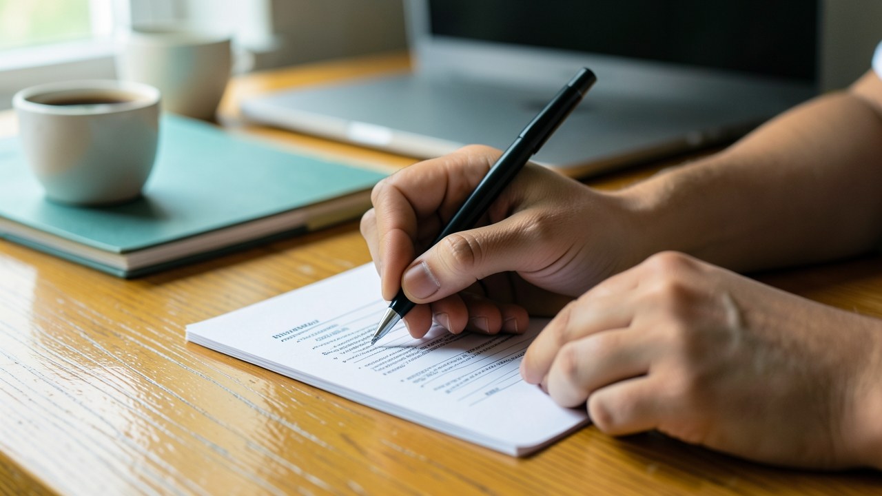 A person's hands filling out an application form on a table, with a laptop and documents around