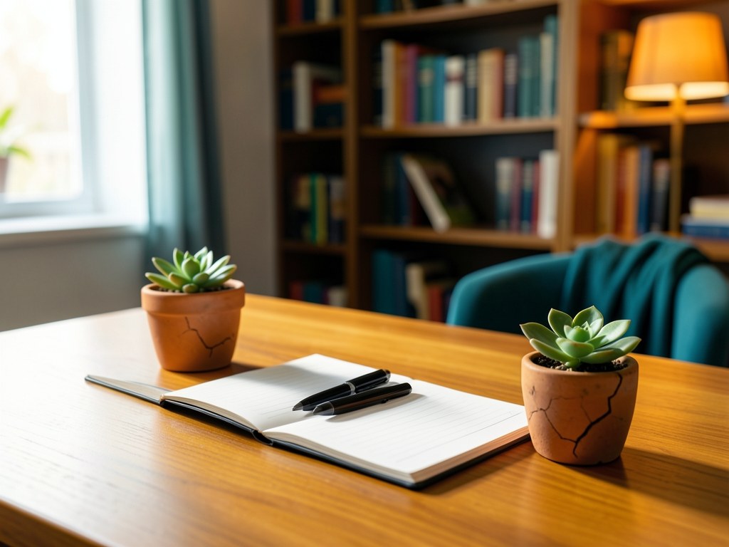 A clean office workspace with a notebook, a pen, and a small plant, bathed in warm light
