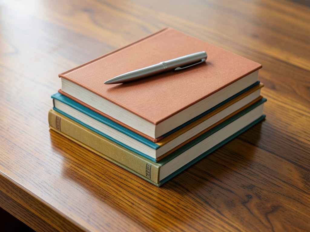 A stack of books with a pen on top, representing editorial standards and research