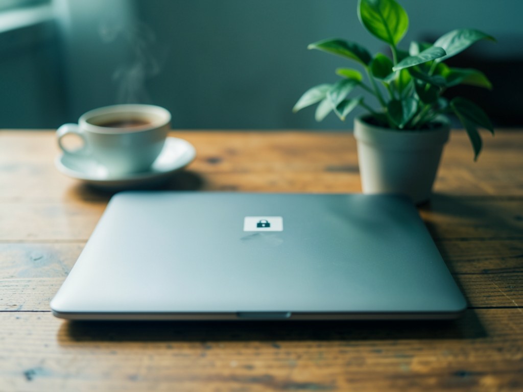 A closed laptop with a small lock icon sticker, symbolizing privacy and data security