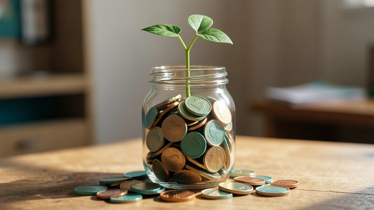 A clear jar filled with coins and a small plant sprouting, symbolizing growing savings and concept of interest
