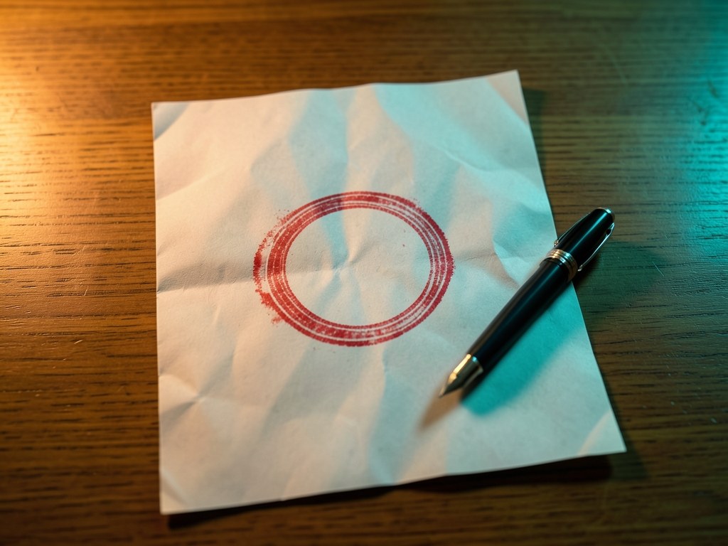 A close-up of a document with a red stamped warning sign, emphasizing caution and disclaimer
